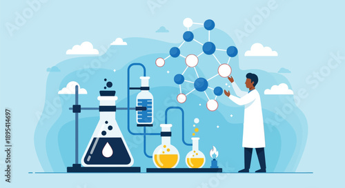 Scientist in laboratory coat interacts with a large molecular structure diagram beside complex chemical distillation equipment.