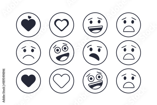 Collection of social media reaction icons depicting various emotions and feelings, including hearts and emoticons with different expressions