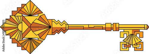 Golden art deco key featuring geometric sunburst motifs and stepped edges symbolizing luxury elegance suitable for vintage 1920s themed designs or antique real estate security icons.