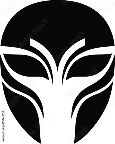 Abstract monochrome tribal mask symbol featuring symmetrical curved lines and mysterious dark hollow eyes suitable for cultural branding gaming clan logos or ancient warrior totems icon.