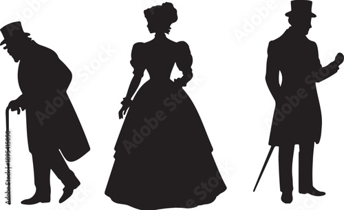 Victorian Gentleman and Lady Full Body Silhouettes Historical Character Set