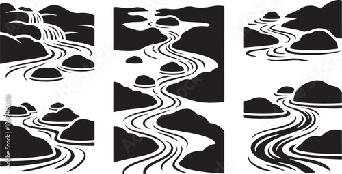 Black and white river landscape with clouds and water