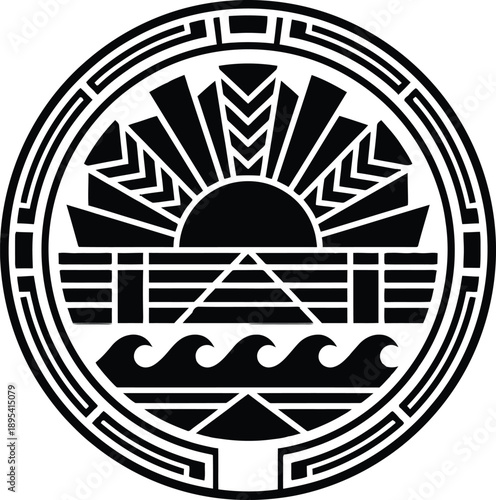 Art Deco circular emblem with geometric sunburst rays, stylized ocean waves and ziggurat mountain step pattern, vintage 1920s retro design element in black and white for classic badge concepts.