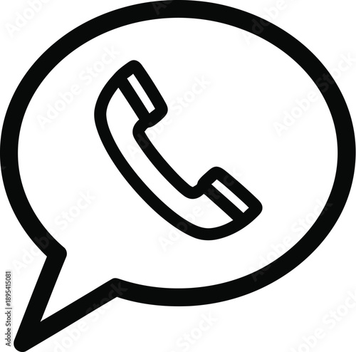 A simple thick outline drawing shows a telephone handset icon inside a speech bubble symbolizing a call or contact.