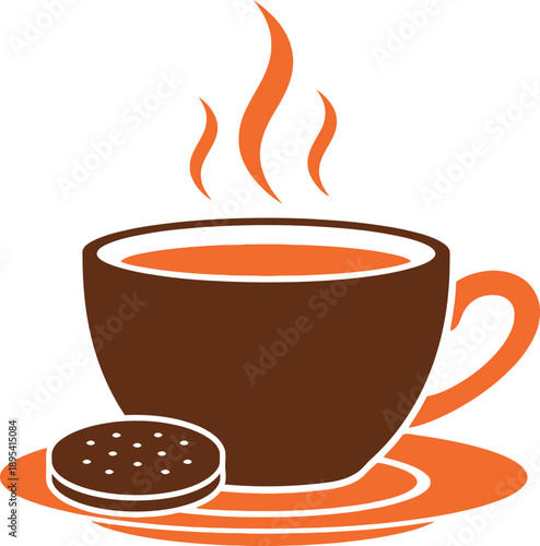 Brown coffee cup with saucer and cookie