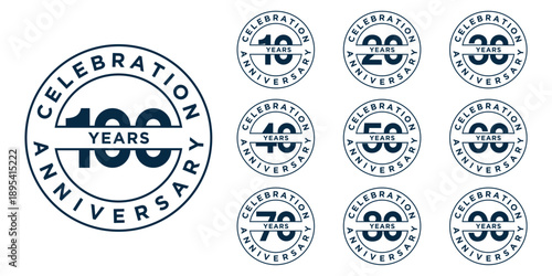 Collection of anniversary 10 to 100 circle vintage logo design template. Celebration days special vector symbol icon concept