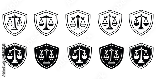 Collection of ten law and justice icons featuring scales of balance symbols protected within various shield shapes for legal authority and court representation