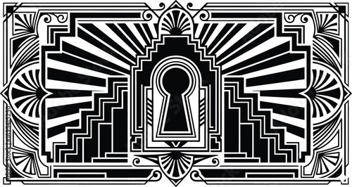 Elegant Art Deco geometric keyhole frame with vintage sunburst rays linear step patterns, ornamental retro 1920s style decoration for mystery secret concepts, luxury antique design art.