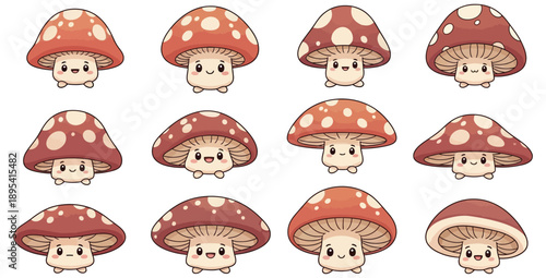 A delightful collection of twelve cute cartoon mushroom characters featuring varying shades of red and white polka dots arranged in a grid pattern for charming design elements