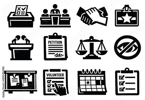 Civic Duty Participation Actions in bold style: voting ballot, town hall meeting, community service hands, jury duty badge, public hearing podium, petition. Vector icons