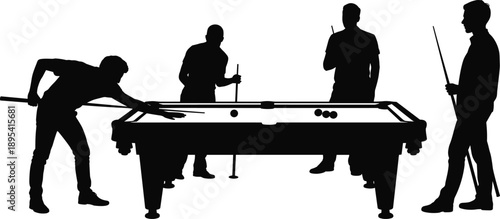 Silhouette of four people playing billiards around pool table, cue sticks in hand, social interaction, competitive game, concentration, teamwork, leisure activity, and modern visual concept