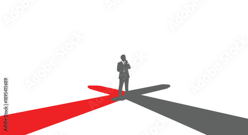 Man standing on diverging red and gray paths ahead