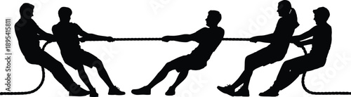 Silhouette of six people playing tug-of-war, competitive teamwork pulling rope in opposite directions, symbolizing struggle, unity, conflict, cooperation, and physical effort on white background