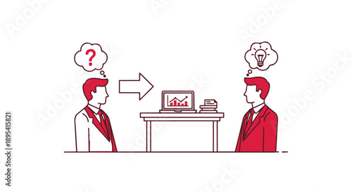 Two businessmen discussing ideas at a desk with computer and papers