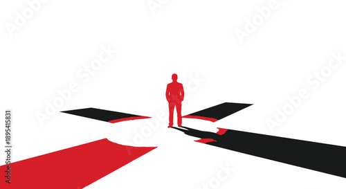 A red silhouette of a man standing on diverging black and red paths