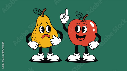 Retro cartoon pear looks sad while a happy red apple has a bright idea on a green background