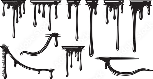 Black liquid dripping effects on various surfaces and shapes