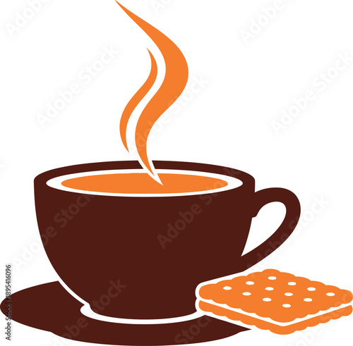 Brown coffee cup with steam and biscuit on saucer