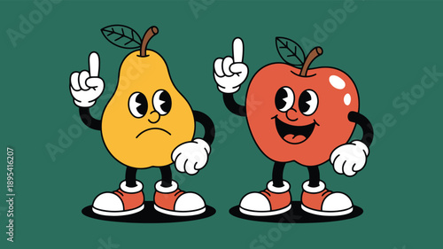 Retro style cartoon pear and apple characters both raise fingers to share ideas or explanations