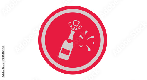 Red circle icon with champagne bottle and glass celebrating