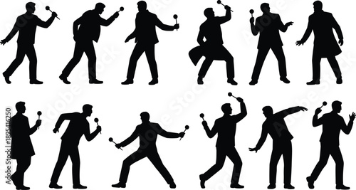 Silhouettes of performer holding microphone in dynamic singing poses, expressive stage performance illustration, entertainment concept, music energy,  and modern visual design on white background