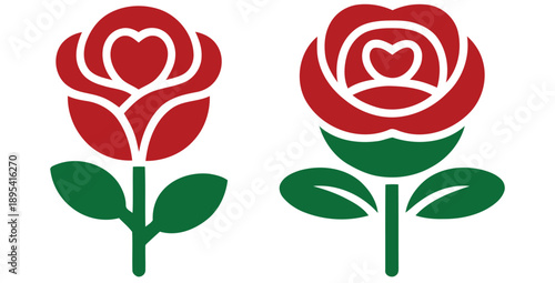 Collection of two stylized socialist and democratic red rose vector icons featuring a heart shape symbolizing unity and strong ideological commitment in flat design