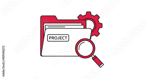 Project management icon with magnifying glass and gear