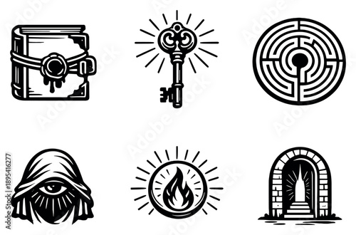Hidden wisdom symbols in outline style: sealed ancient book, glowing key, labyrinth path, veiled eye, inner light flame, secret doorway. Vector icons