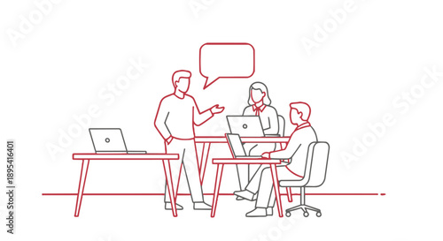 Three coworkers collaborating on laptops in office setting with speech bubble