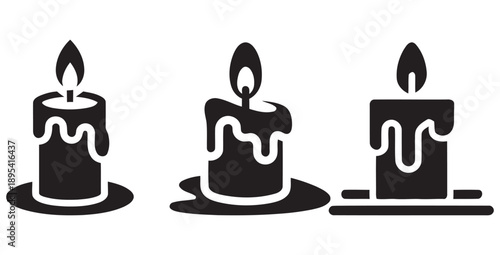 Collection of three stylized black and white icon designs representing burning candles showing various stages of melted wax dripping down the sides and bases