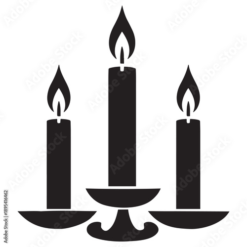 Simple black and white graphic silhouette icon illustration featuring three lit candles arranged together on a shared decorative base suggesting warmth and ceremony