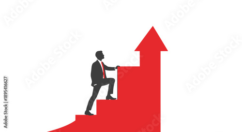 Businessman climbing up red arrow stairs to success