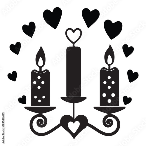 Romantic candlelight silhouette featuring three distinct candles upon an ornate candelabra surrounded by floating hearts symbolizing deep affection and celebration of love