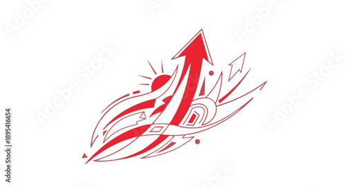 Red arrow graphic with dynamic lines and abstract shapes rising