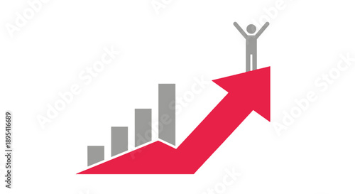 A person standing on a rising arrow and bar graph in a celebratory pose