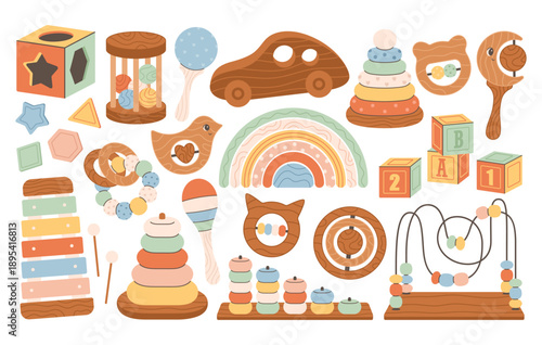 Educational children games, preschool activities concept. Wooden blocks, xylophone, pyramid, montessori games. Flat vector illustration