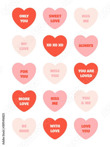 Cute candy hearts collection with romantic messages. Hearts with love inscriptions. Valentine's day elements. Flat vector illustration