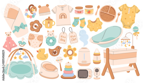 Baby care items. Newborn accessories set. Supplies for feeding and caring for newborns and infants. Flat vector illustration