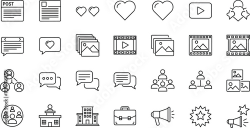 Social Media Content and Engagement Line Icons Set
