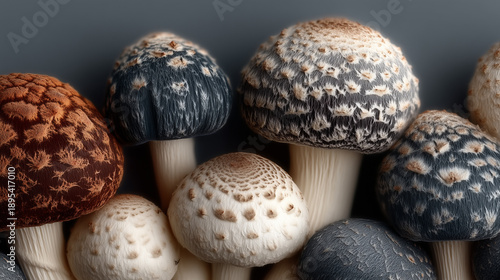 pattern of mushrooms on a grey background, flat lay, top view, high-resolution photography, high detail, ultra-realistic photo, in the style of canon eos.