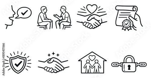 Honest Interaction Set in outline style: truthful speech, open posture, clear intent, promise keeping, credibility badge, trust reinforcement, relational. Vector icons