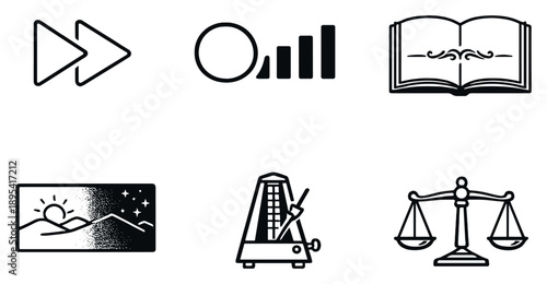 Narrative tempo control in outline style: fast-forward arrows, slow-motion symbol, chapter break divider, scene transition fade, timing metronome, balance scale. Vector icons