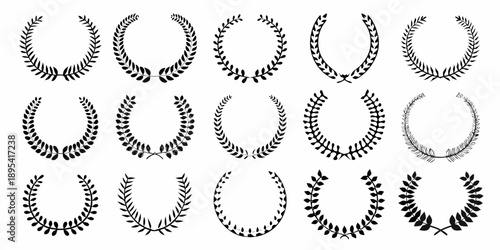 Collection of laurel wreaths in varying shapes and sizes black and white