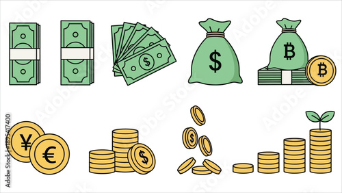 Money Illustration Icon Set Vector Coins, Banknotes, and Currency Symbols..eps