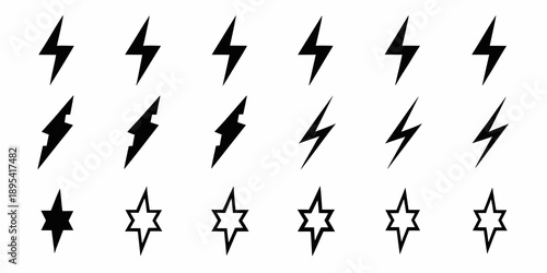 Arrangement of black lightning bolts and star shaped electrical symbols