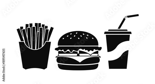 Simple black and white icons depicting a fast food meal combination
