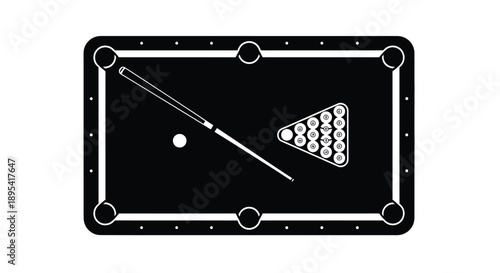 Overhead view of a pool table with balls cue stick and corner pockets