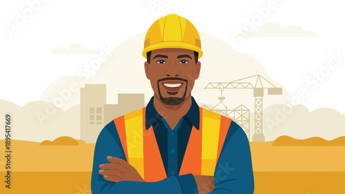 Smiling African American construction worker in a safety vest with crossed arms at a building site