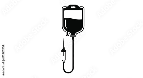 Simple black and white illustration of an intravenous drip bag and tubing