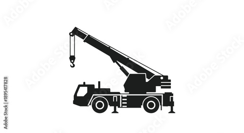 Black silhouette of a mobile crane with extended boom and hook